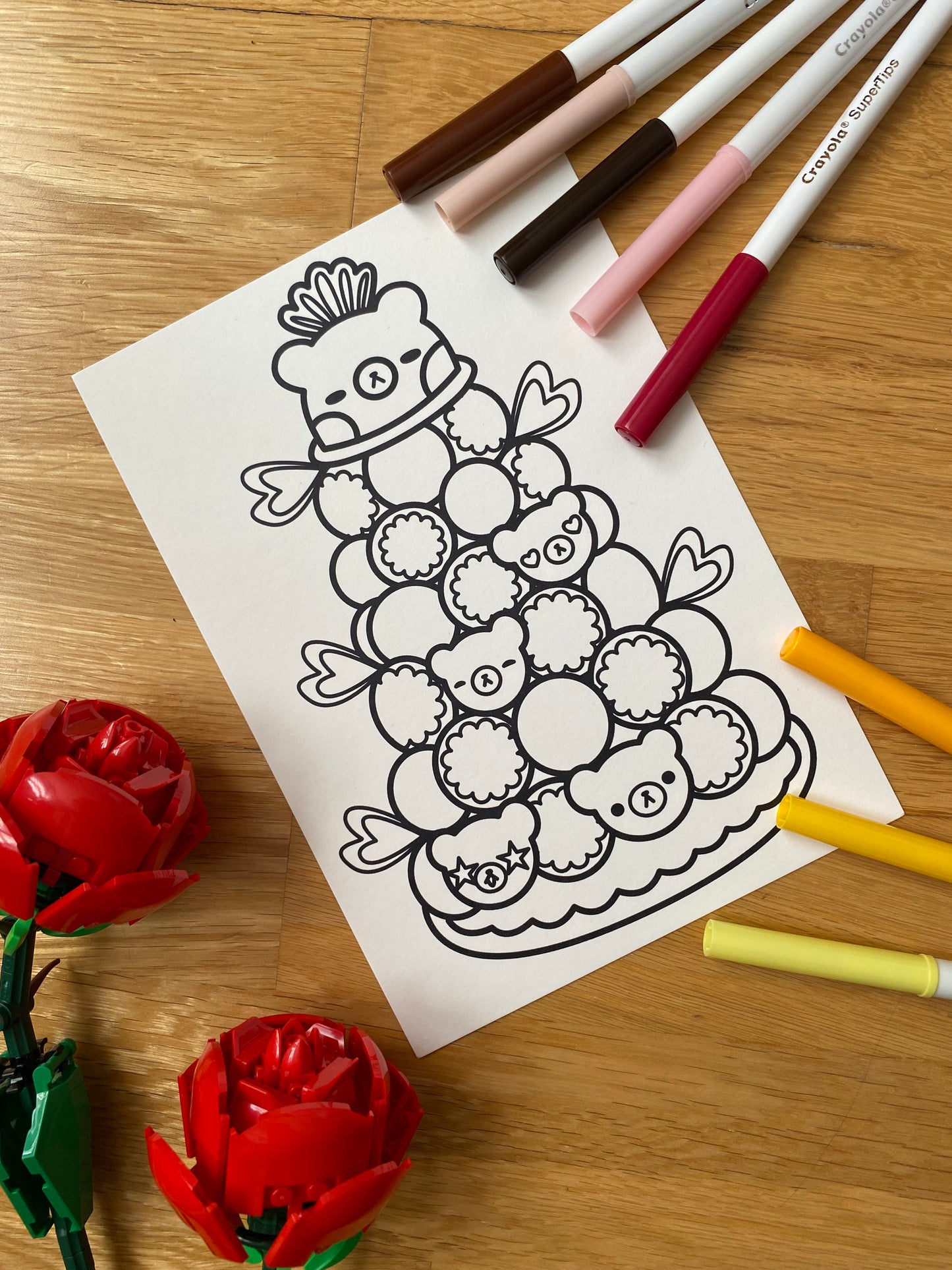 Cute colouring pages featuring a bear croquembouche bakery