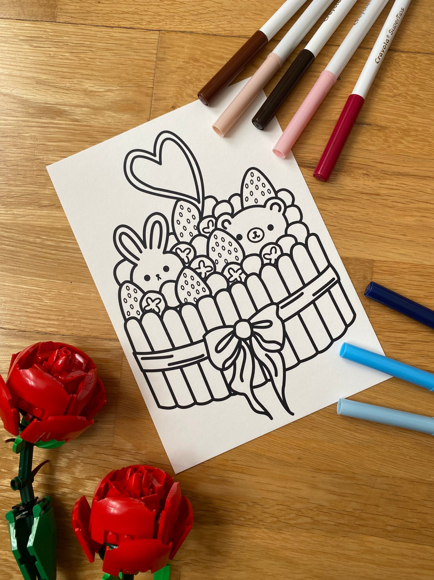 Cute colouring pages featuring summer charlotte cake, bear and bunny
